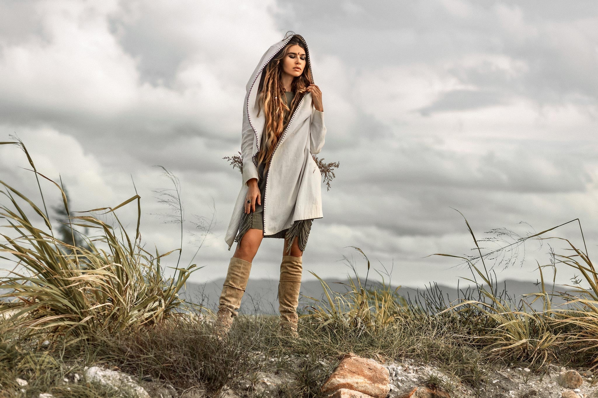 Warm Boho Hoody Cardigan for Women • Off - White Belted Wrap Cardigan - AYA SW IDR
