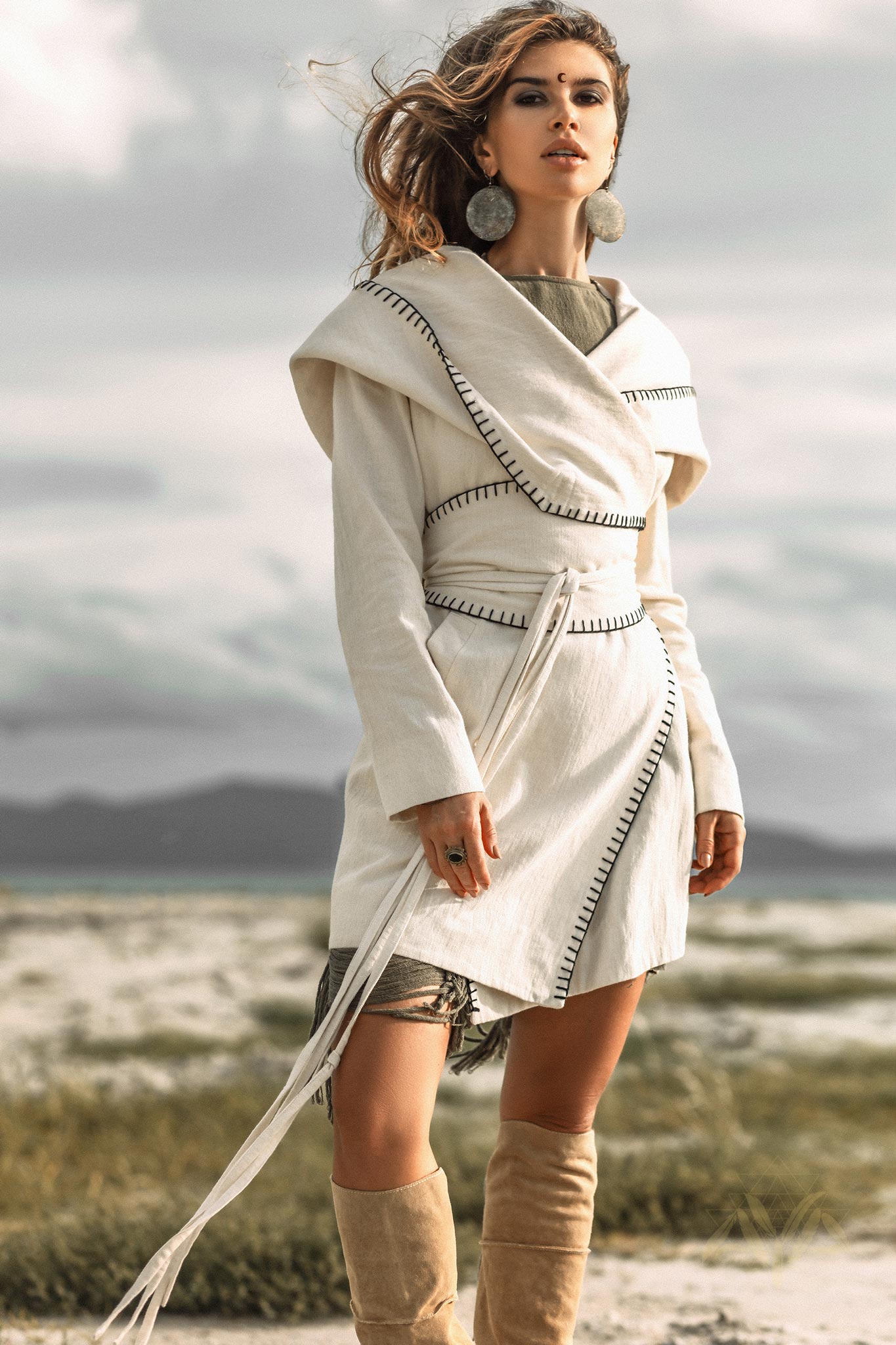 Warm Boho Hoody Cardigan for Women • Off - White Belted Wrap Cardigan - AYA SW IDR