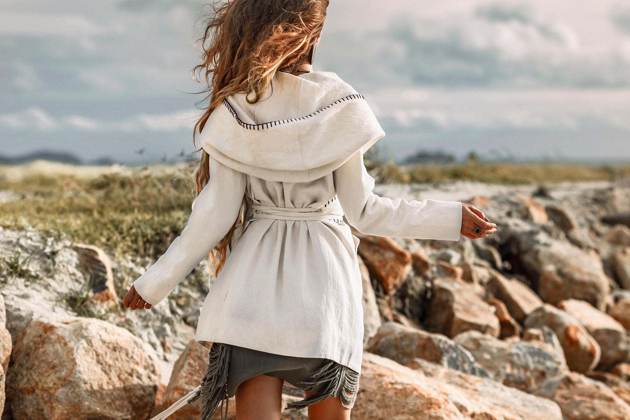 Warm Boho Hoody Cardigan for Women • Off - White Belted Wrap Cardigan - AYA SW IDR