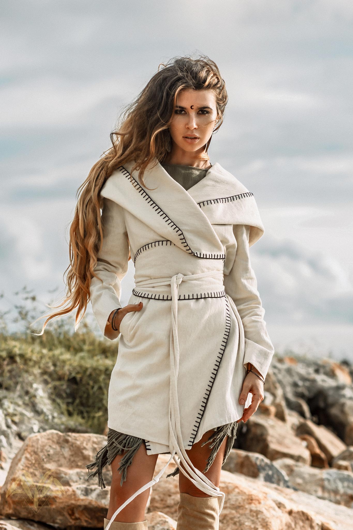 Warm Boho Hoody Cardigan for Women • Off - White Belted Wrap Cardigan - AYA SW IDR