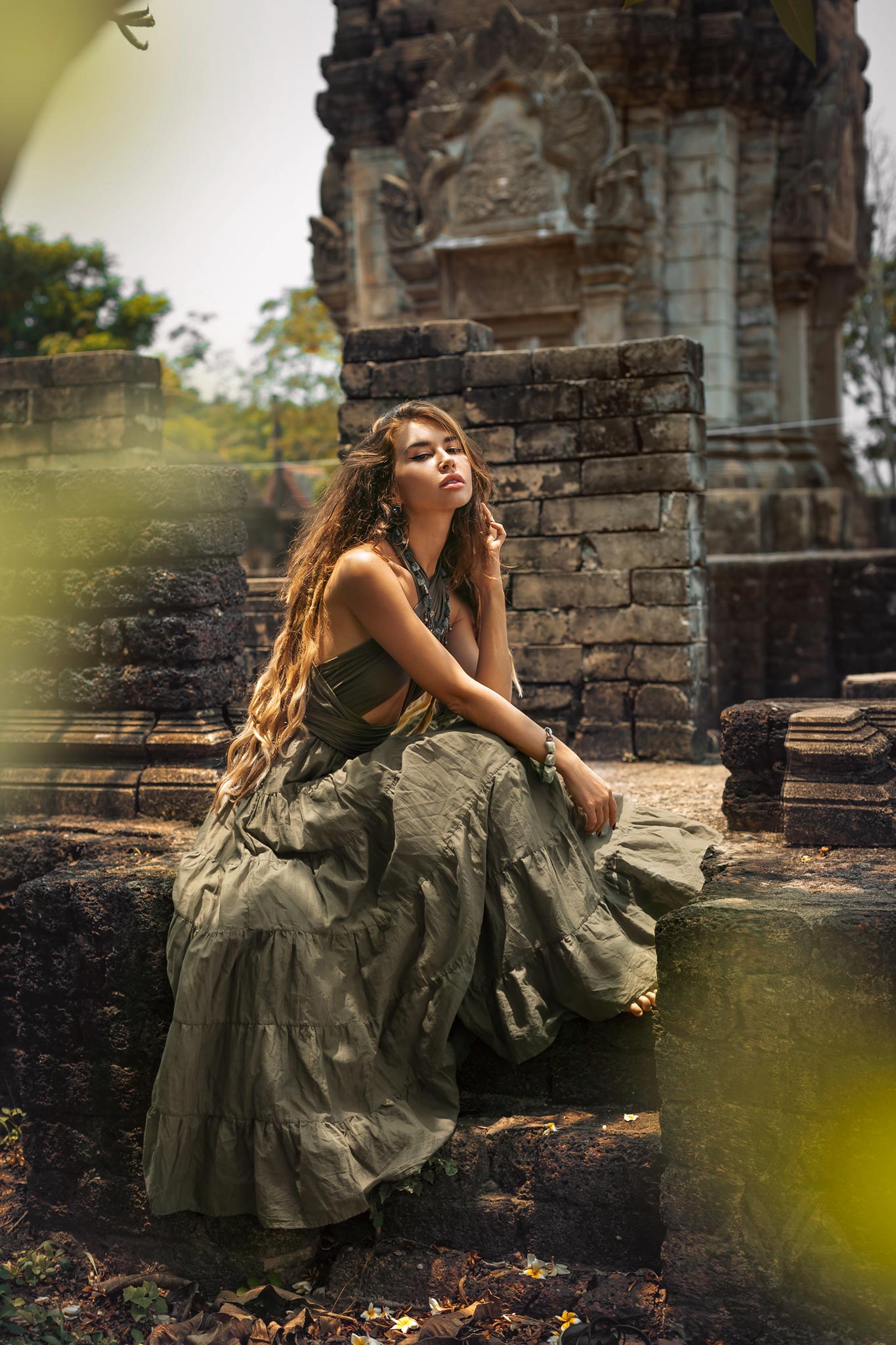 Dark Green Bohemian Adjustable Dress  Evening Open Back Belly Dress by AYA Sacred Wear