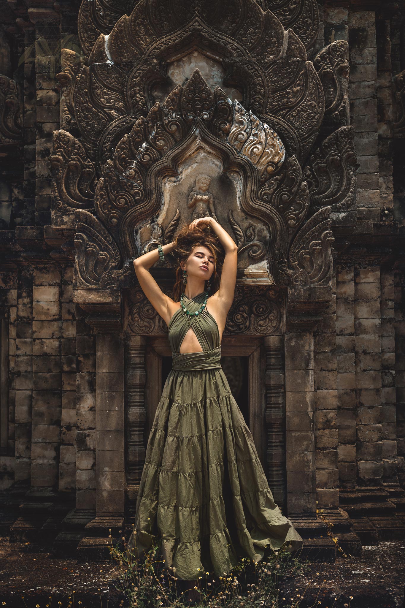 Dark Green Bohemian Adjustable Dress  Evening Open Back Belly Dress by AYA Sacred Wear