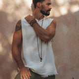 White Handwoven Cotton Sleeveless Hoody for Men - AYA SW IDR