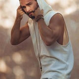 White Handwoven Cotton Sleeveless Hoody for Men - AYA SW IDR