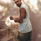 White Handwoven Cotton Sleeveless Hoody for Men - AYA SW IDR