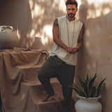 White Handwoven Cotton Sleeveless Hoody for Men - AYA SW IDR