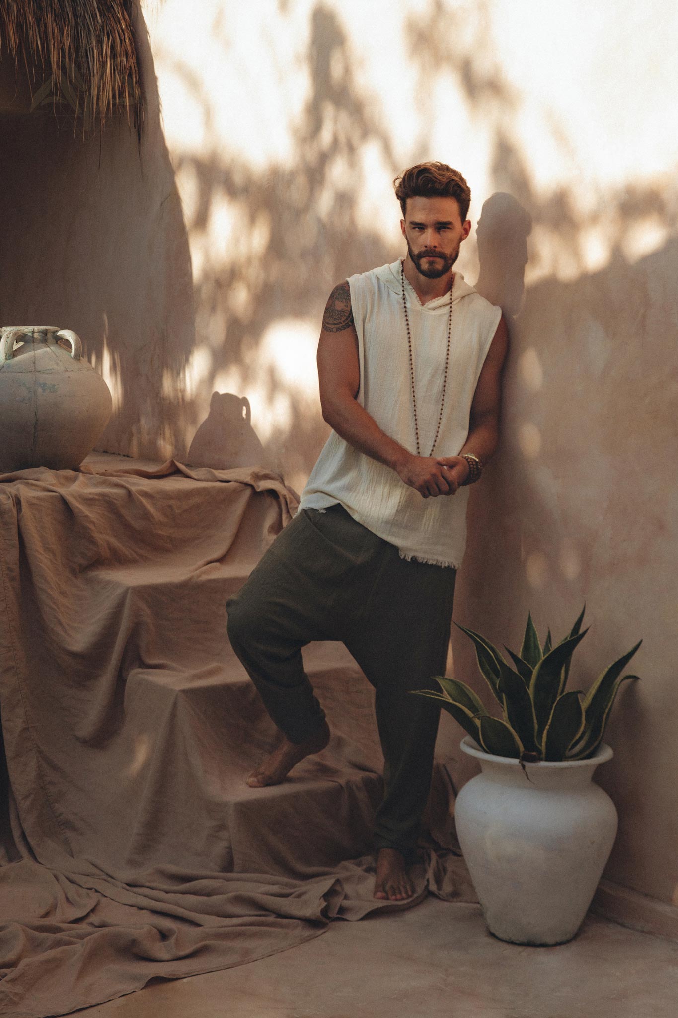 White Handwoven Cotton Sleeveless Hoody for Men - AYA SW IDR