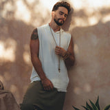 White Handwoven Cotton Sleeveless Hoody for Men - AYA SW IDR