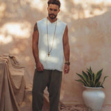 White Handwoven Cotton Sleeveless Hoody for Men - AYA SW IDR