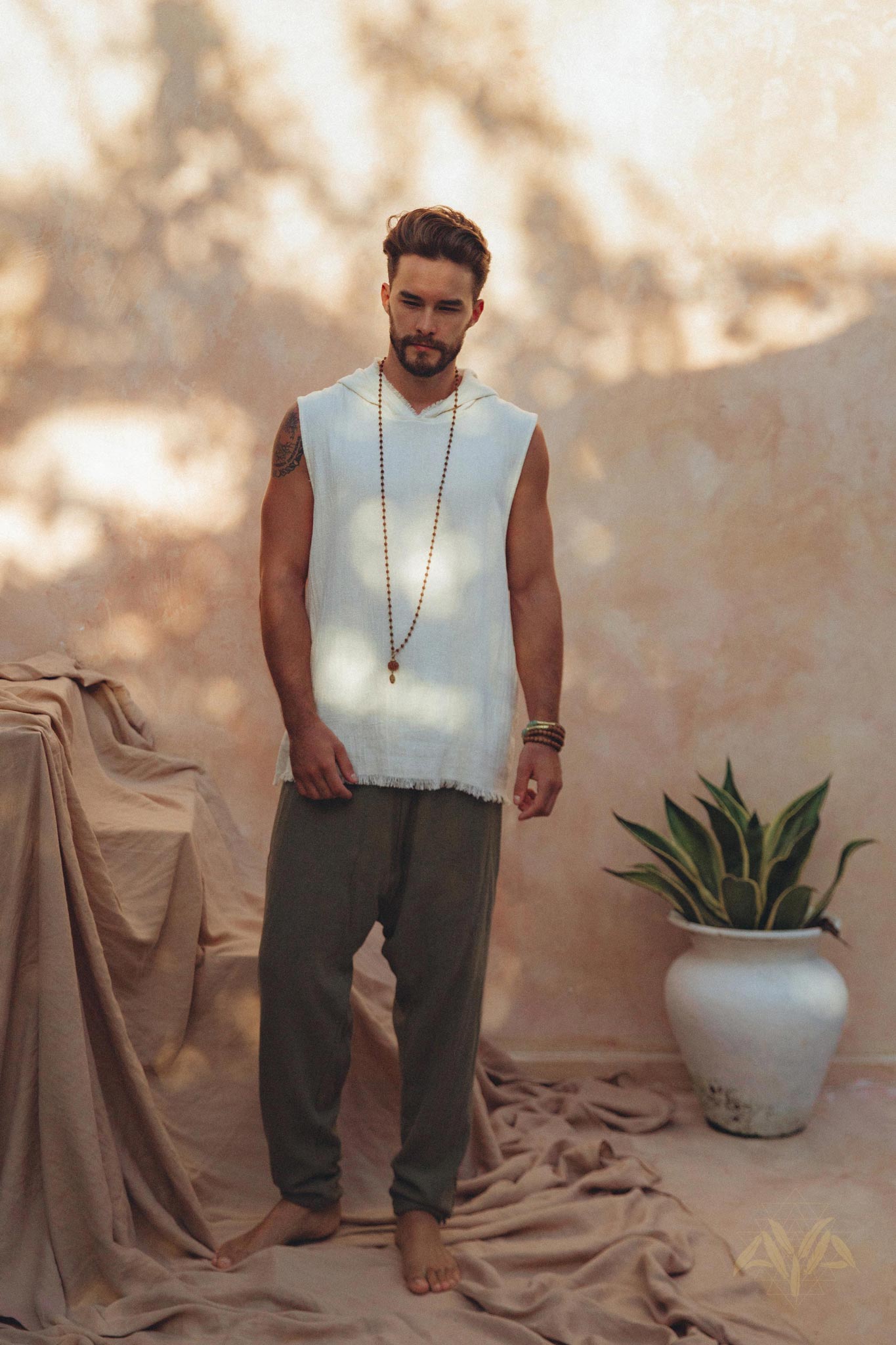 White Handwoven Cotton Sleeveless Hoody for Men - AYA SW IDR