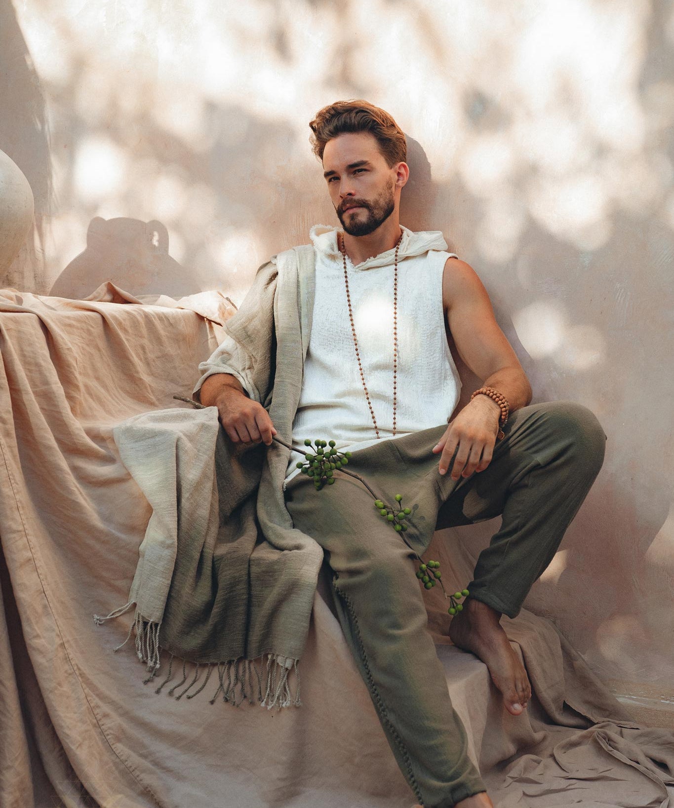 White Handwoven Cotton Sleeveless Hoody for Men - AYA SW IDR