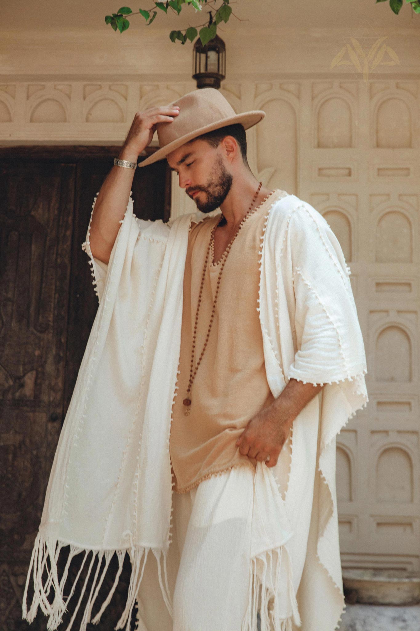 White Raw Cotton Minimalist Poncho for Men - AYA SW IDR