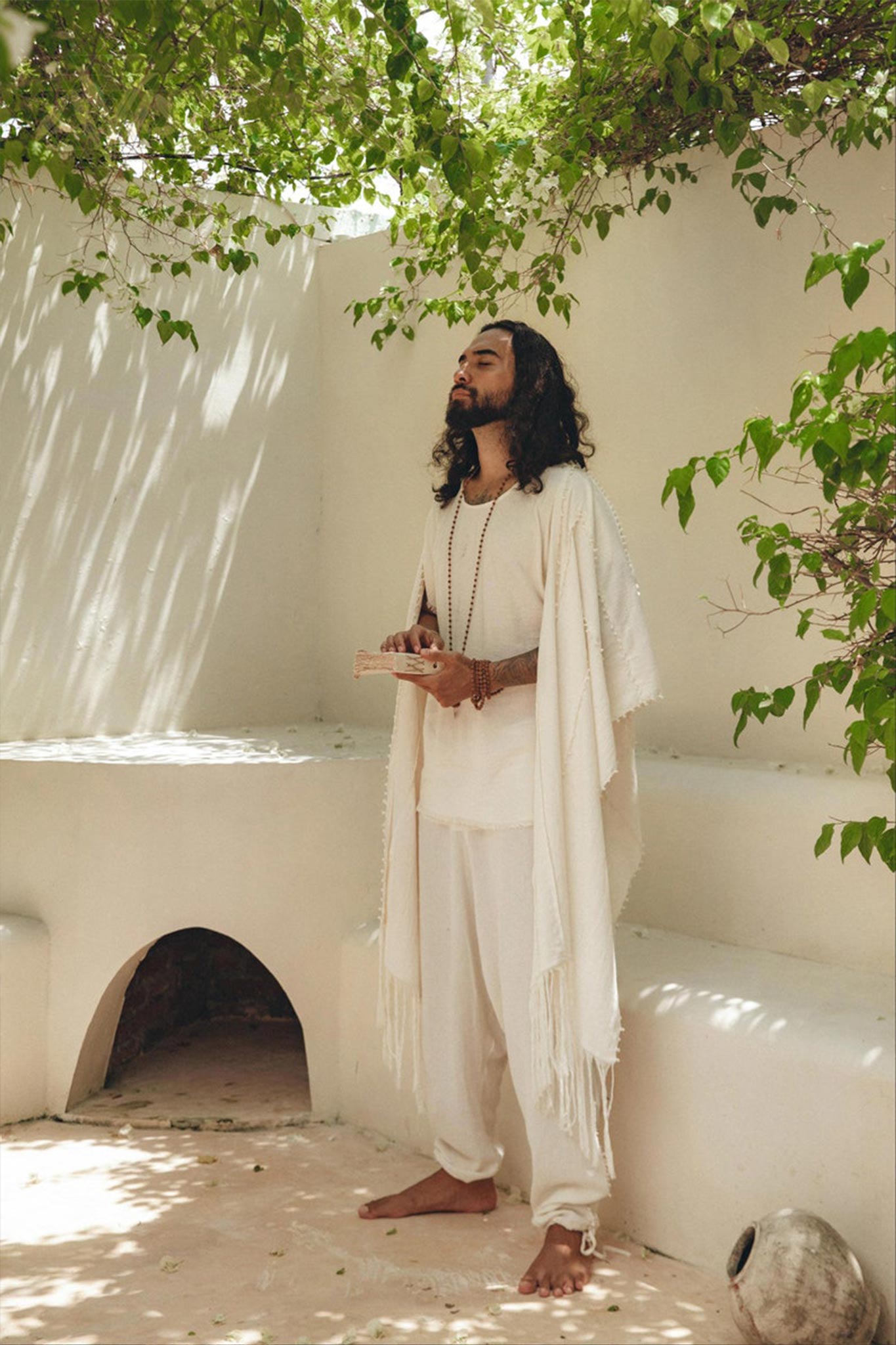 White Raw Cotton Minimalist Poncho for Men - AYA SW IDR