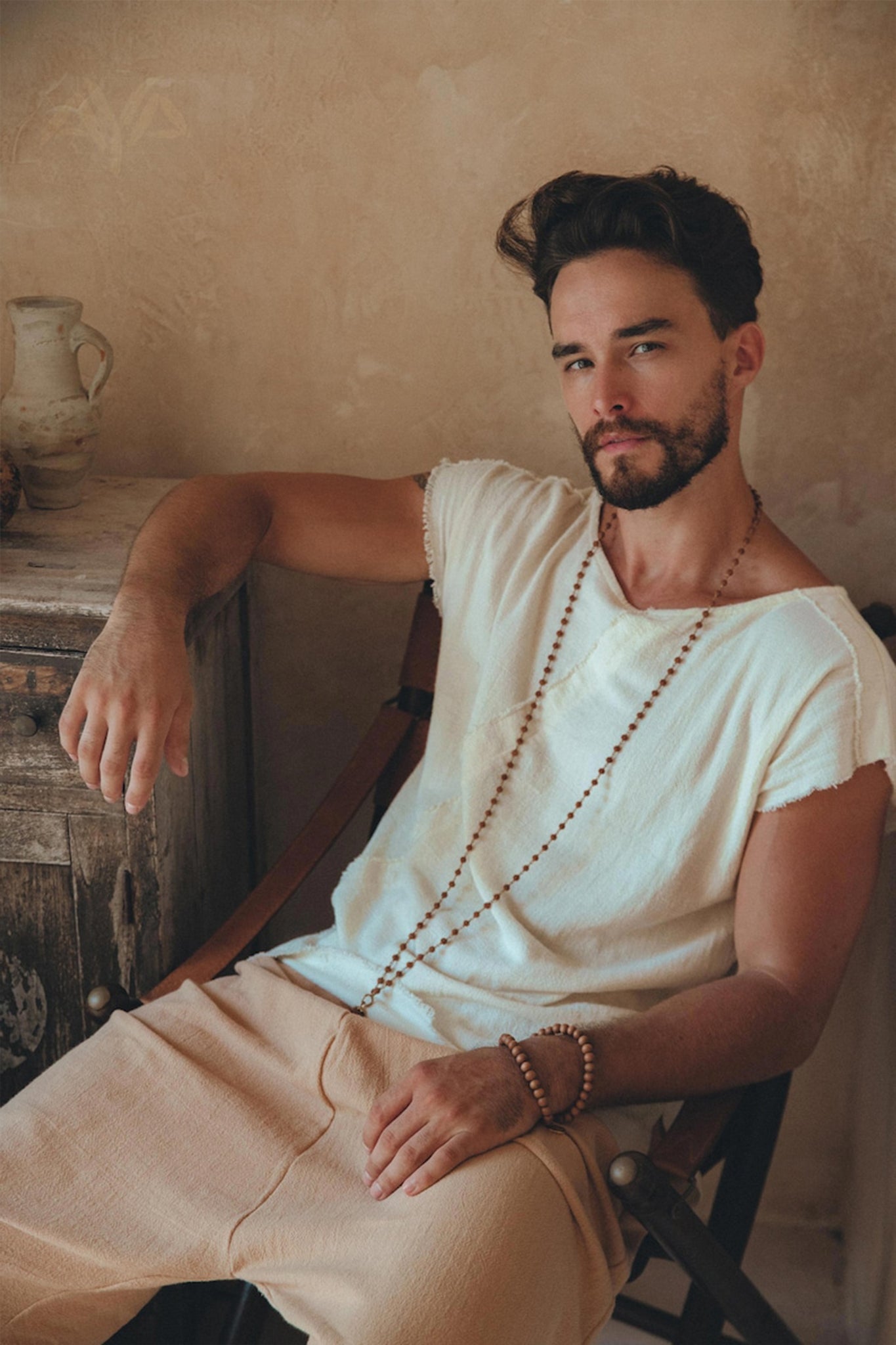White Raw Edge Thick Cotton Top Tee for Men - AYA SW IDR