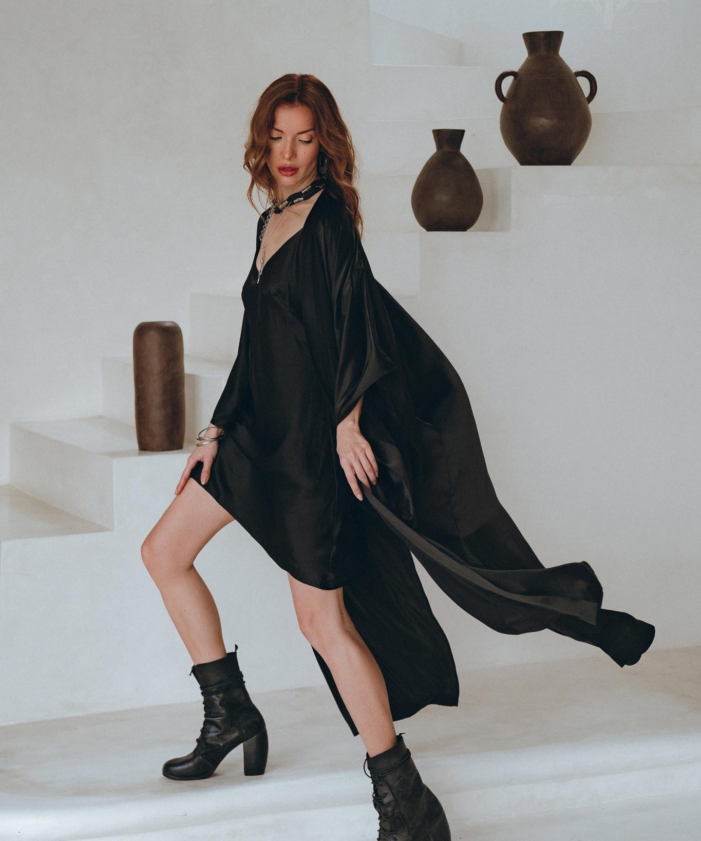 Wide Sleeve Bohemian Kaftan Cardigan • Black Peace Silk Kimono Robe - AYA SW IDR