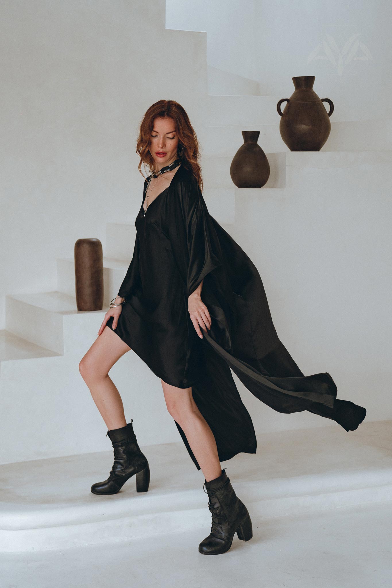 Wide Sleeve Bohemian Kaftan Cardigan • Black Peace Silk Kimono Robe - AYA SW IDR
