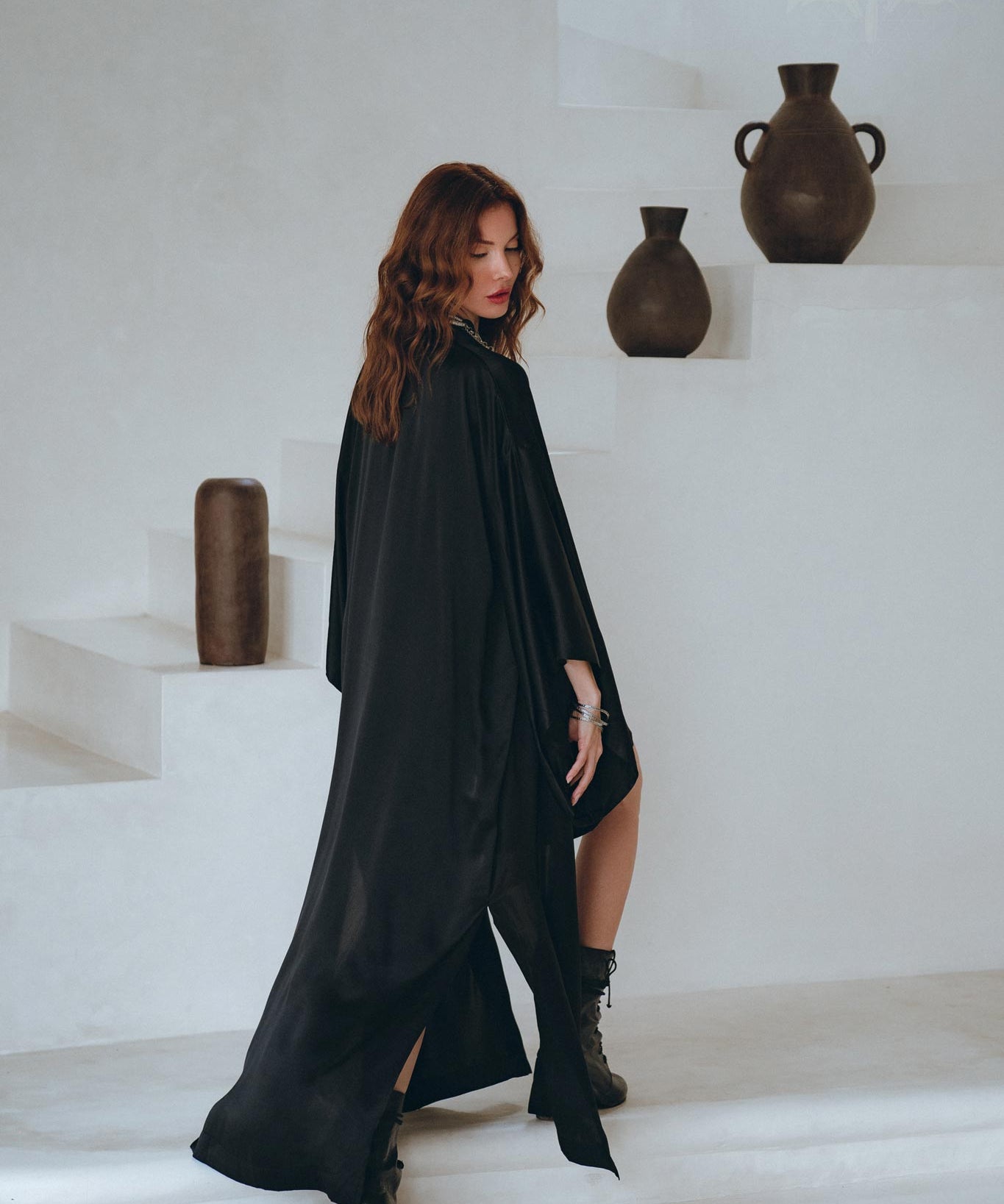 Wide Sleeve Bohemian Kaftan Cardigan • Black Peace Silk Kimono Robe - AYA SW IDR