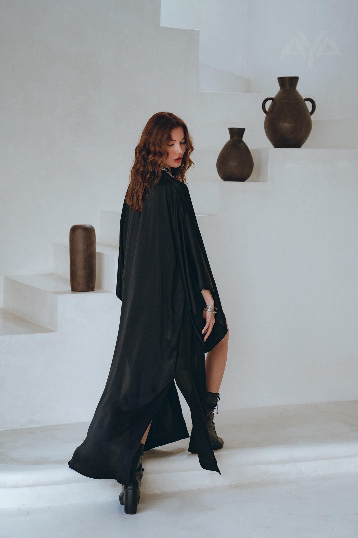 Wide Sleeve Bohemian Kaftan Cardigan • Black Peace Silk Kimono Robe - AYA SW IDR