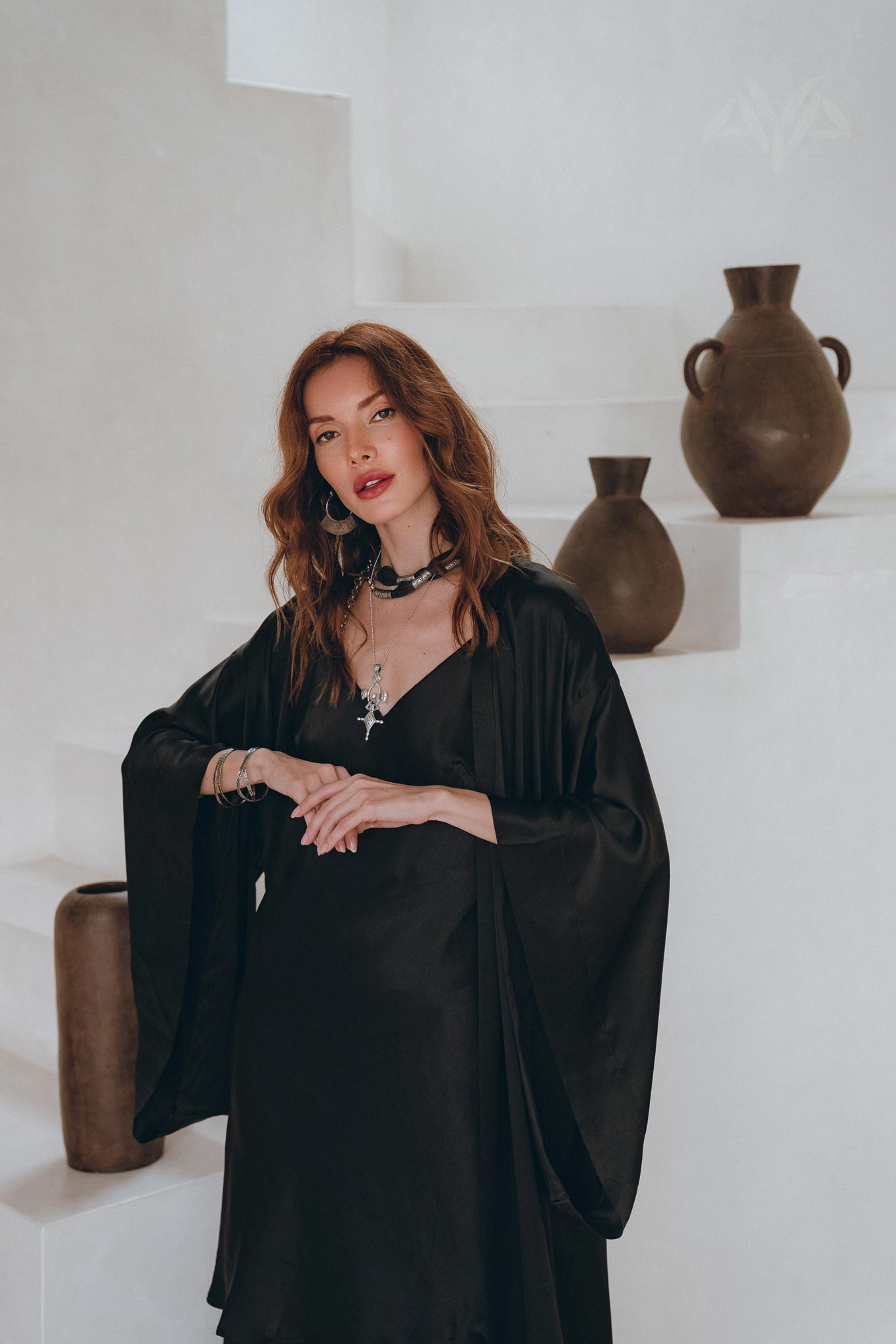 Wide Sleeve Bohemian Kaftan Cardigan • Black Peace Silk Kimono Robe - AYA SW IDR