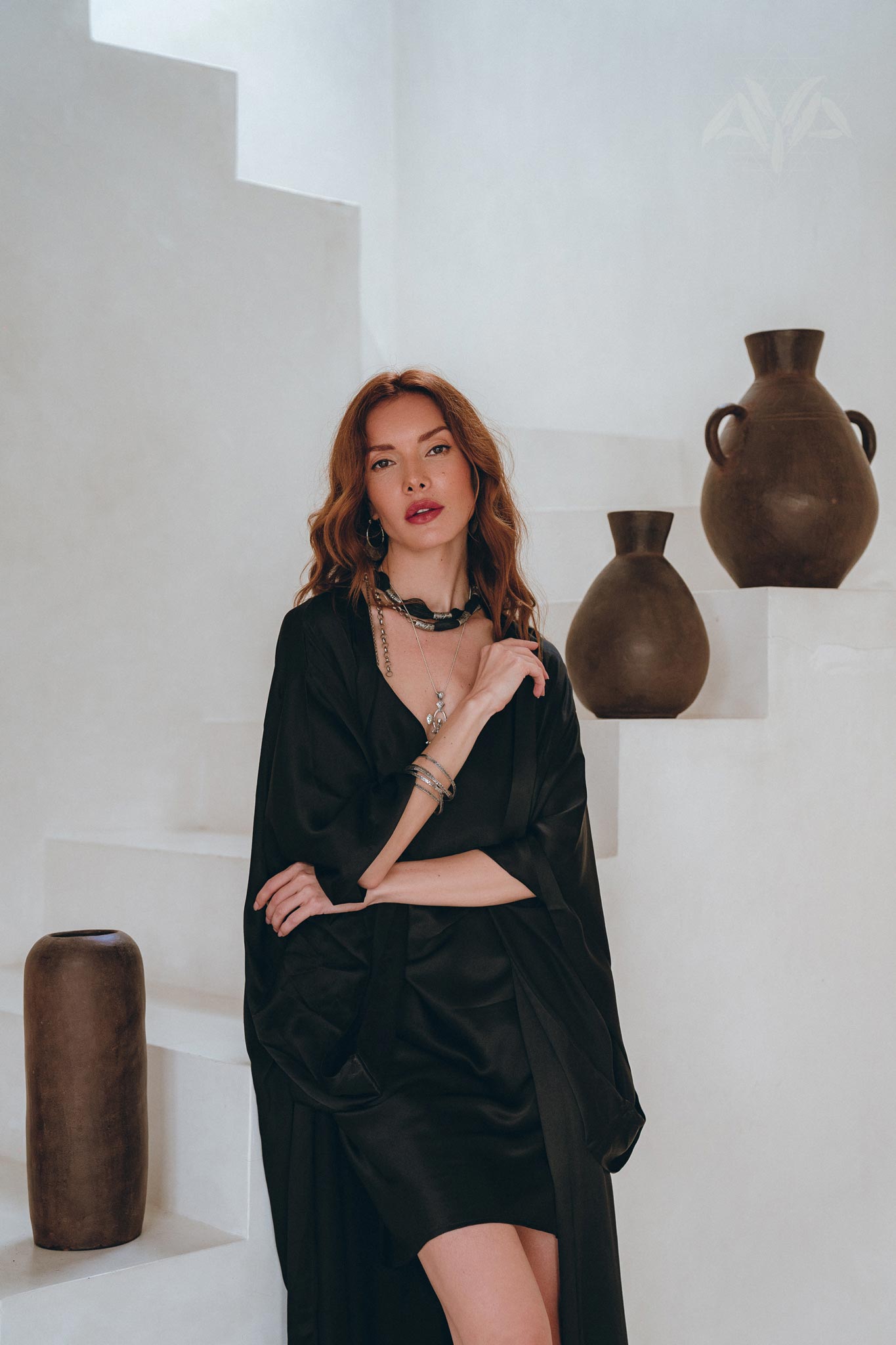 Wide Sleeve Bohemian Kaftan Cardigan • Black Peace Silk Kimono Robe - AYA SW IDR