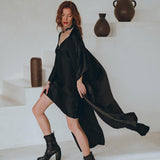 Wide Sleeve Bohemian Kaftan Cardigan, Black Peace Silk Kimono Robe - AYA Sacred Wear