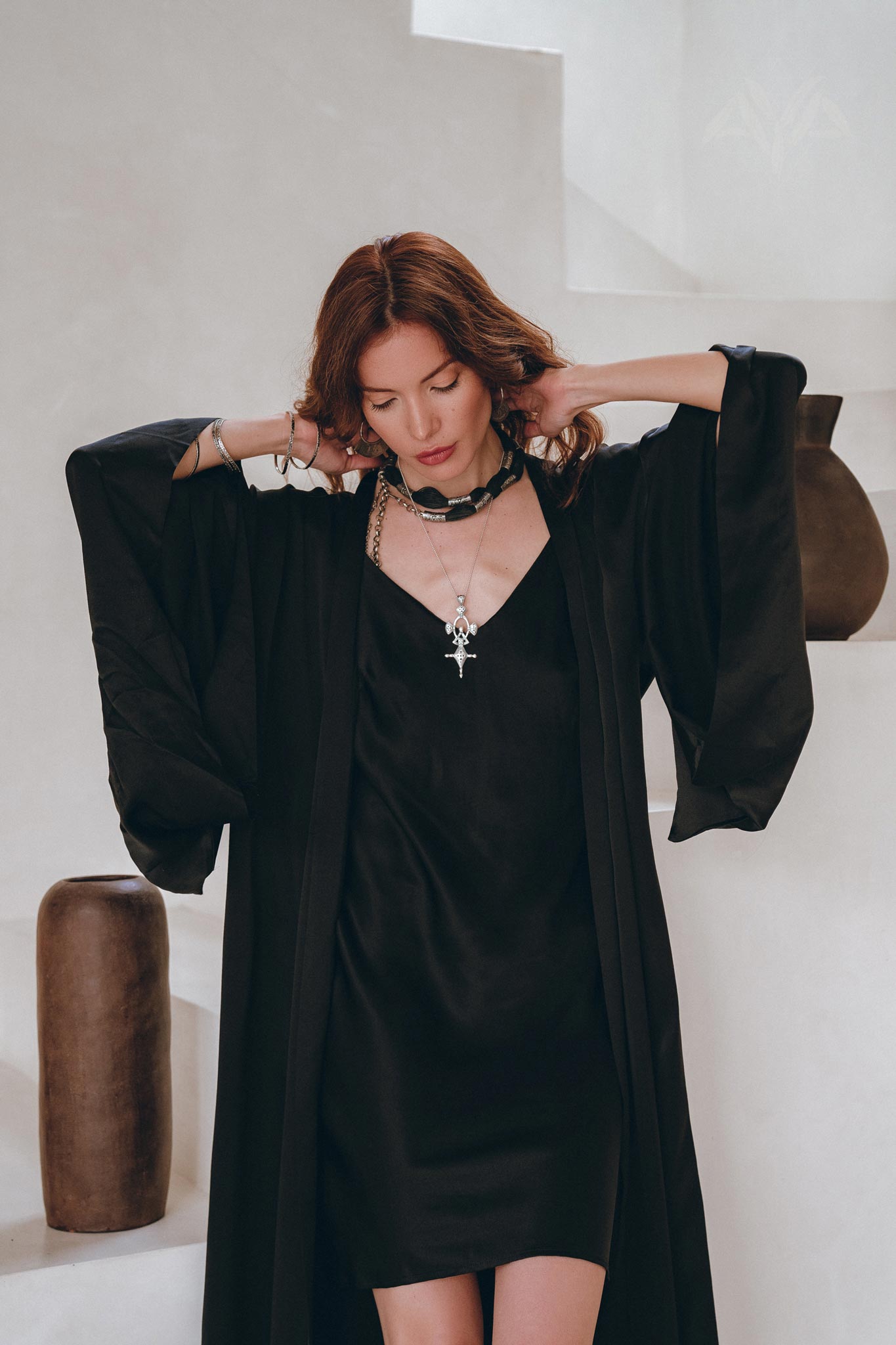 Wide Sleeve Bohemian Kaftan Cardigan, Black Peace Silk Kimono Robe - AYA Sacred Wear