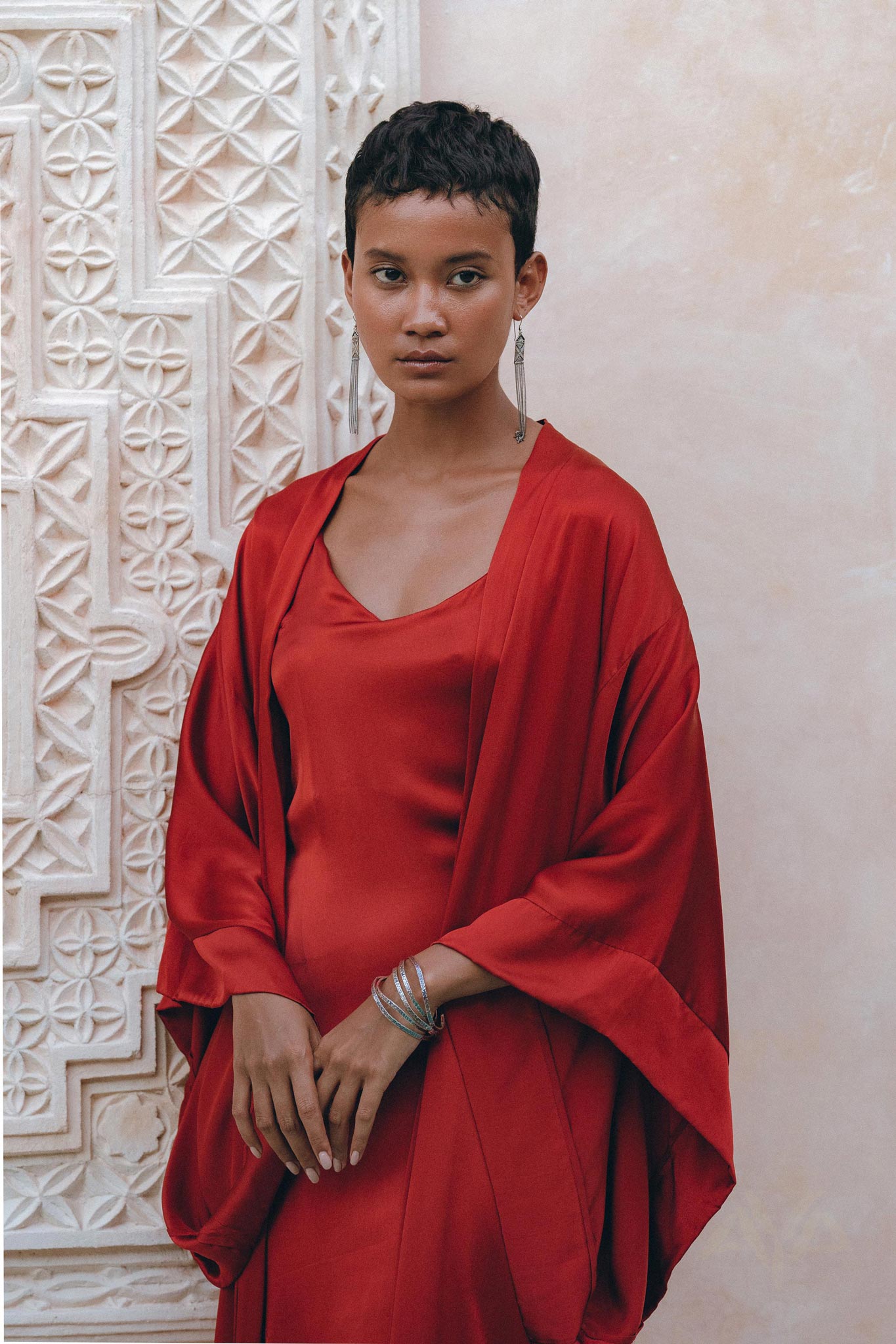 Wine Red Silk Boho Kimono Cover • Wide Sleeve Bohemian Kaftan Cardigan - AYA SW IDR