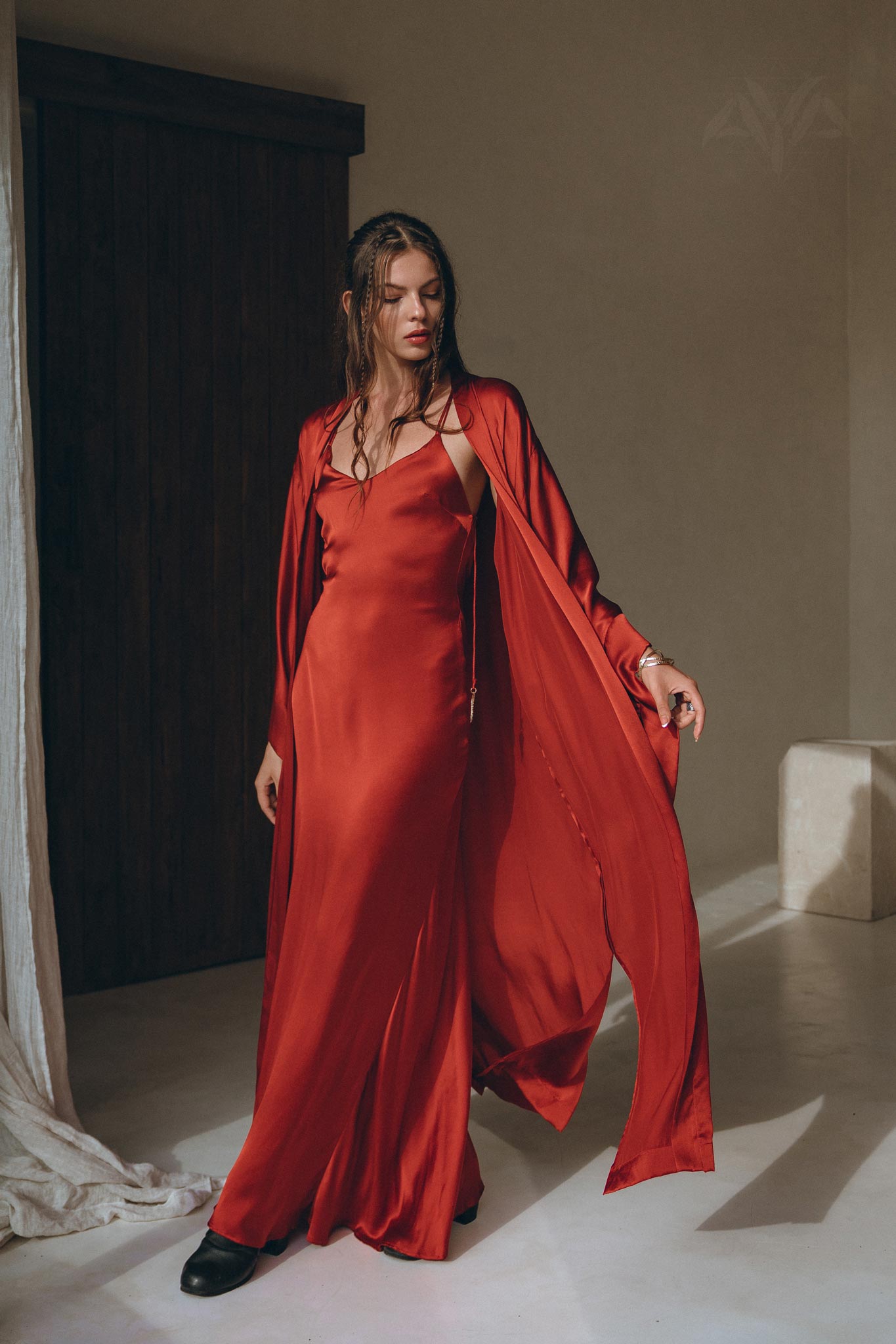 Wine Red Silk Boho Kimono Cover • Wide Sleeve Bohemian Kaftan Cardigan - AYA SW IDR