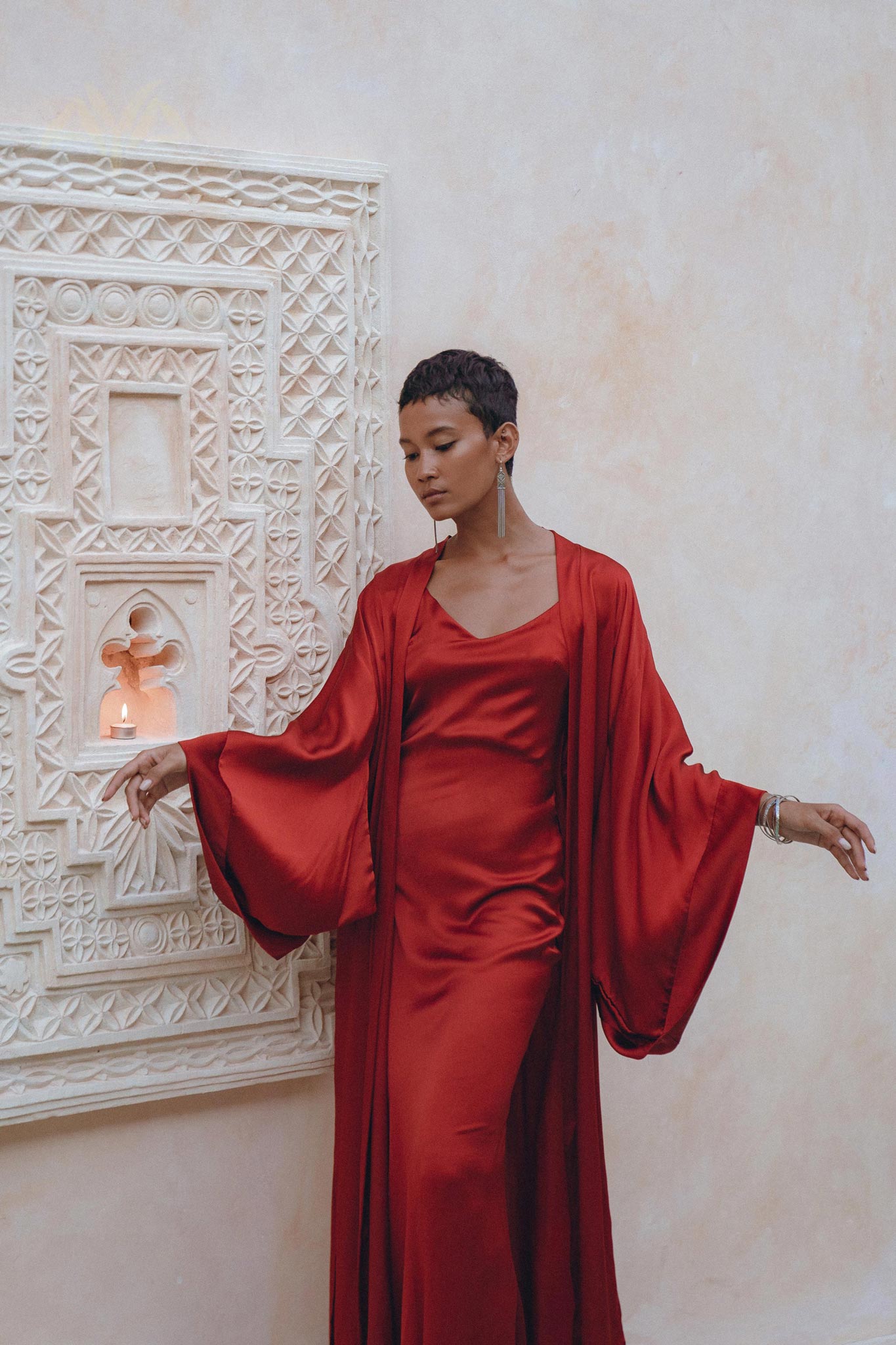 Wine Red Silk Boho Kimono Cover • Wide Sleeve Bohemian Kaftan Cardigan - AYA SW IDR