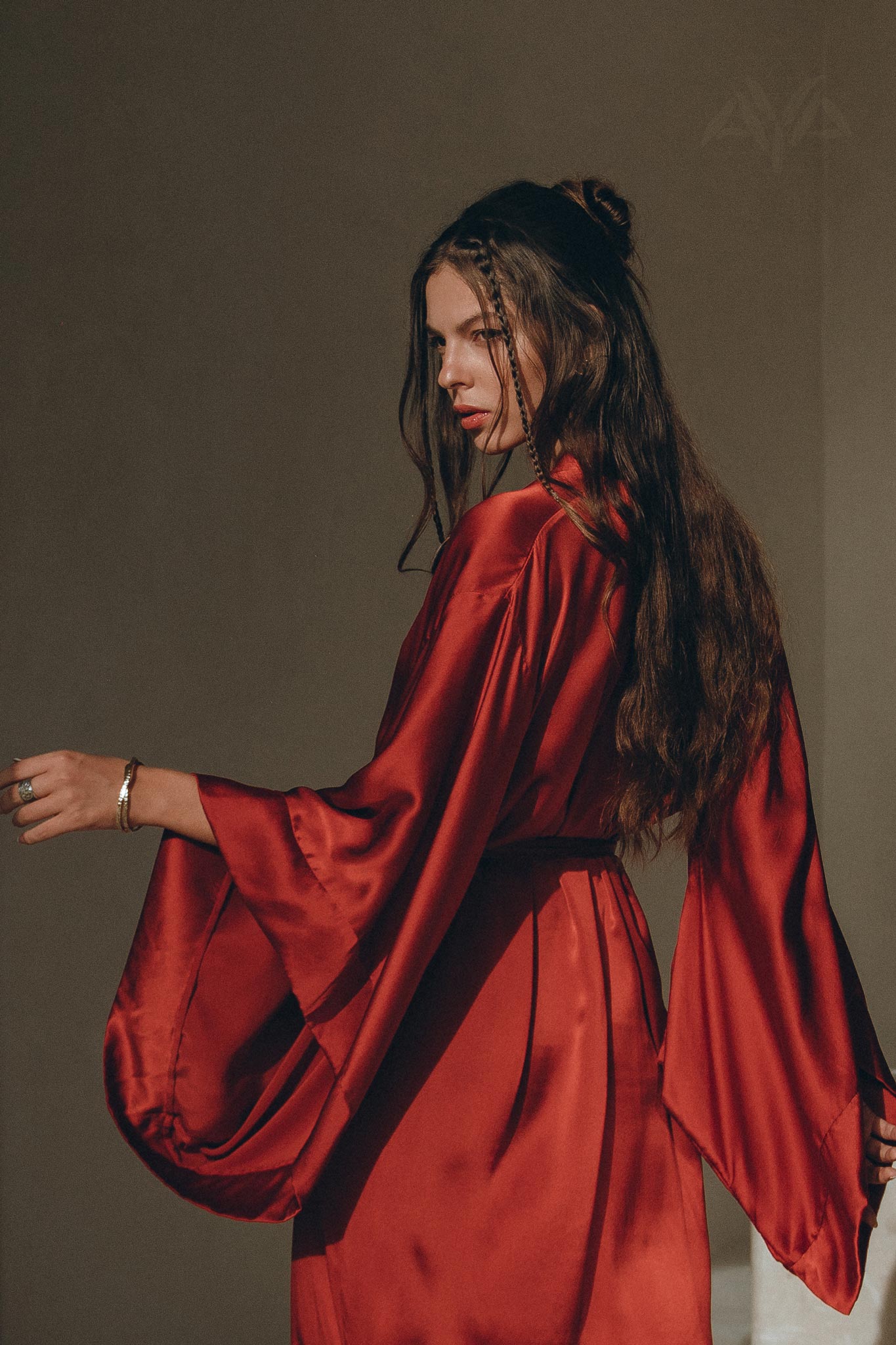 Wine Red Silk Boho Kimono Cover • Wide Sleeve Bohemian Kaftan Cardigan - AYA SW IDR