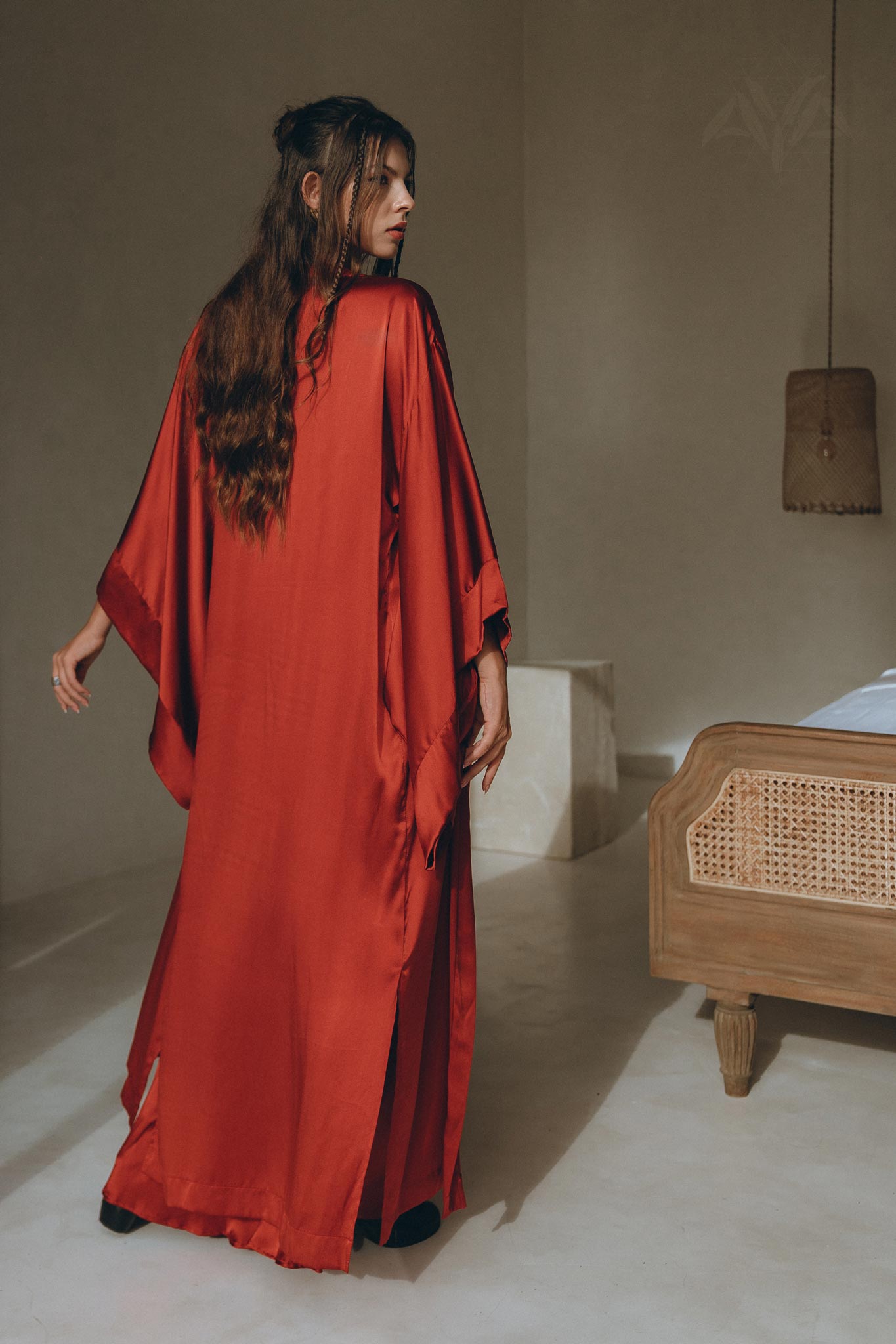 Wine Red Silk Boho Kimono Cover • Wide Sleeve Bohemian Kaftan Cardigan - AYA SW IDR