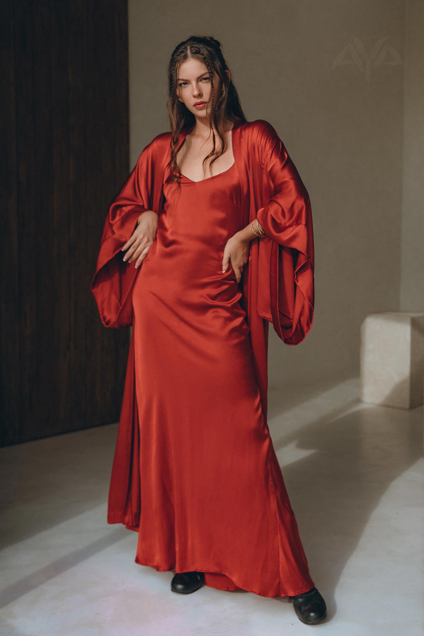 Wine Red Silk Slip Dress • Peace Silk Dress • Evening Bohemian Dress - AYA SW IDR