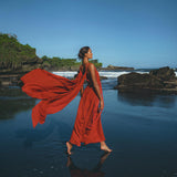 Unique red Greek dress perfect for a prom dance, or as a boho bridesmaid dress with adjustable belting. 