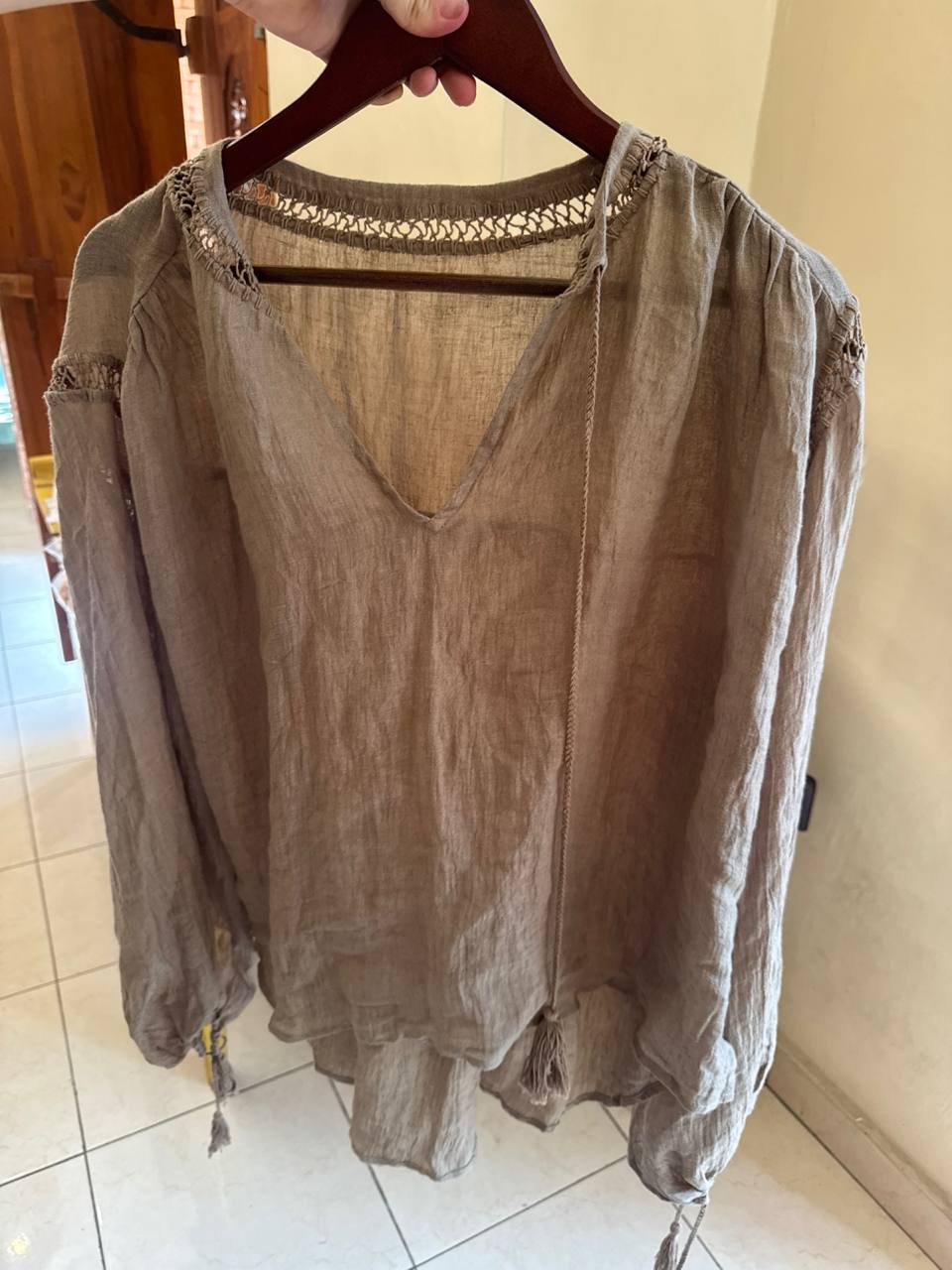 WTP/S014/All makrame shirt pure french linen puff sleeves - AYA SW IDR