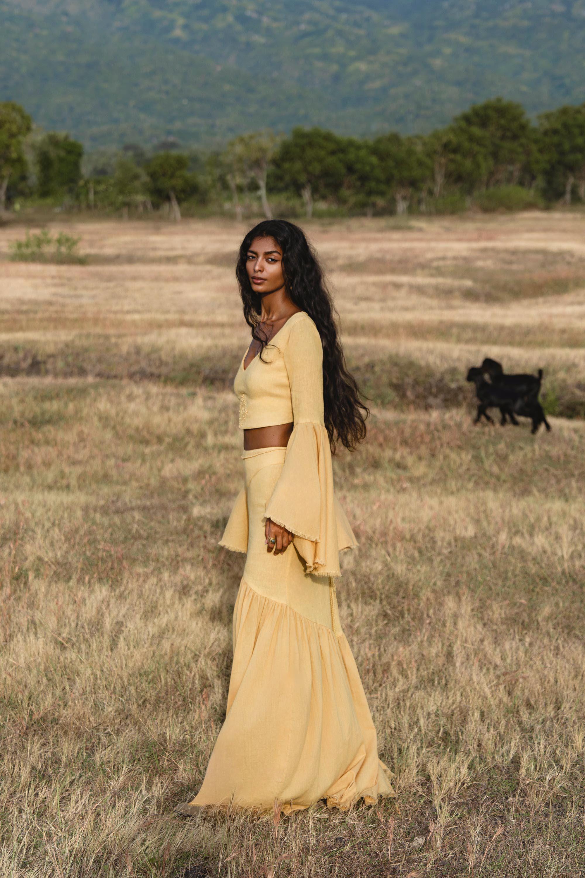 Yellow Gold Boho Linen Set, Embroidered Indian Top, Maxi Skirt, Handmade Summer Festival Outfit - AYA SW IDR