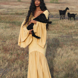 Yellow Gold Boho Linen Set, Embroidered Indian Top, Maxi Skirt, Handmade Summer Festival Outfit - AYA SW IDR