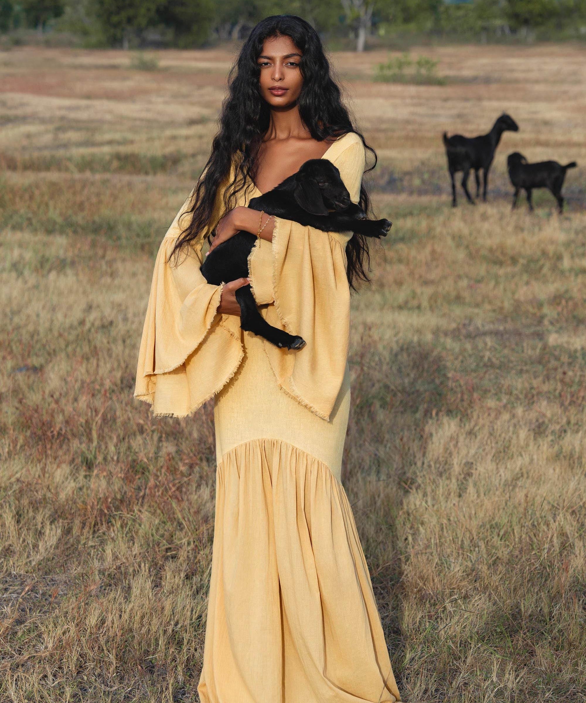 Yellow Gold Boho Linen Set, Embroidered Indian Top, Maxi Skirt, Handmade Summer Festival Outfit - AYA SW IDR