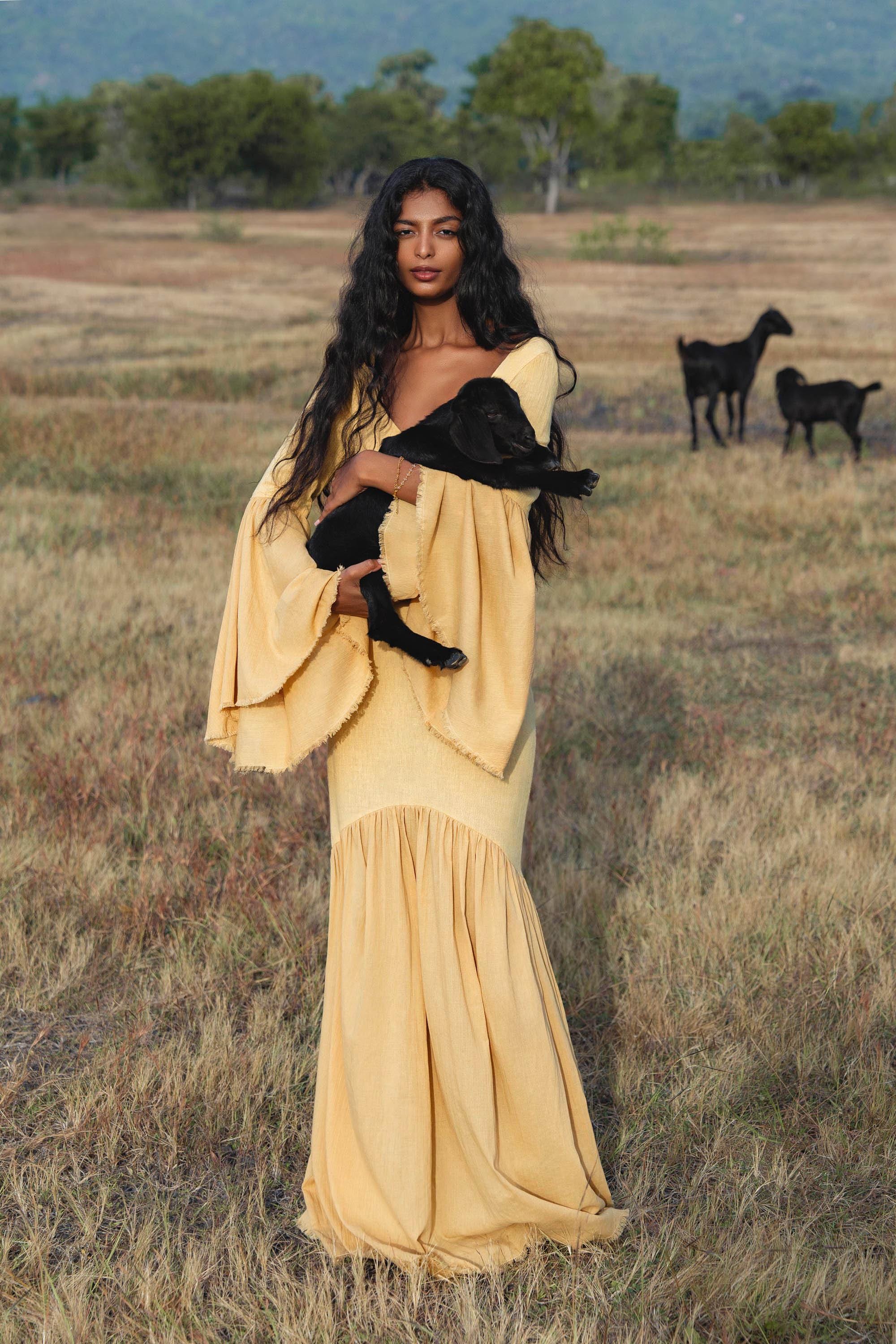 Yellow Gold Boho Linen Set, Embroidered Indian Top, Maxi Skirt, Handmade Summer Festival Outfit - AYA SW IDR