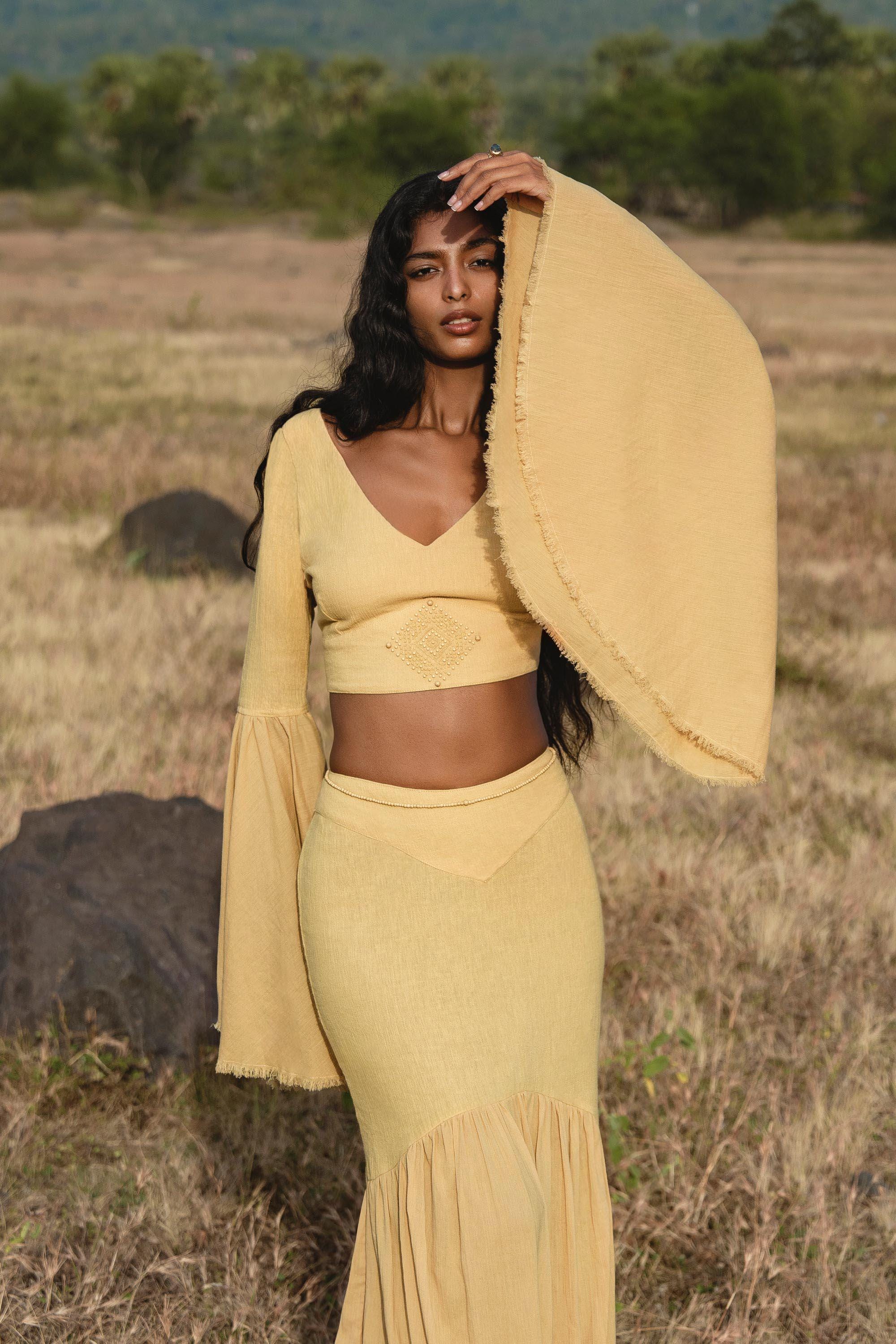Yellow Gold Boho Linen Set, Embroidered Indian Top, Maxi Skirt, Handmade Summer Festival Outfit - AYA SW IDR