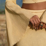 Yellow Gold Boho Linen Set, Embroidered Indian Top, Maxi Skirt, Handmade Summer Festival Outfit - AYA SW IDR