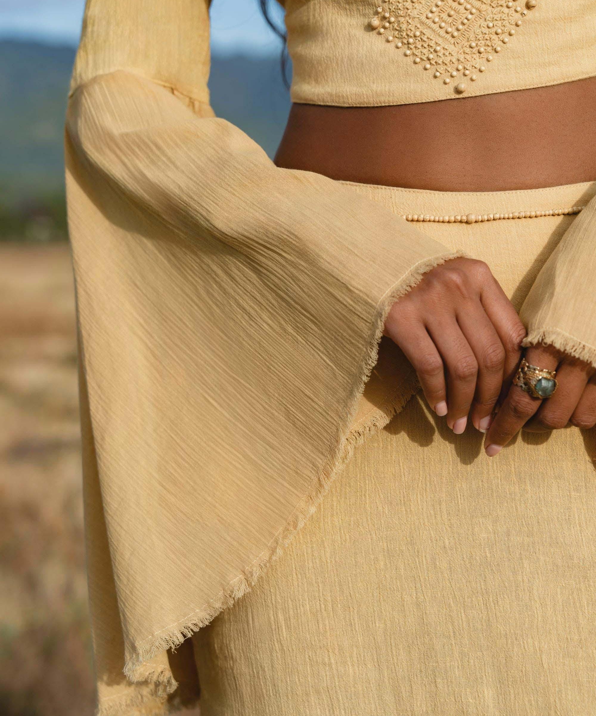 Yellow Gold Boho Linen Set, Embroidered Indian Top, Maxi Skirt, Handmade Summer Festival Outfit - AYA SW IDR