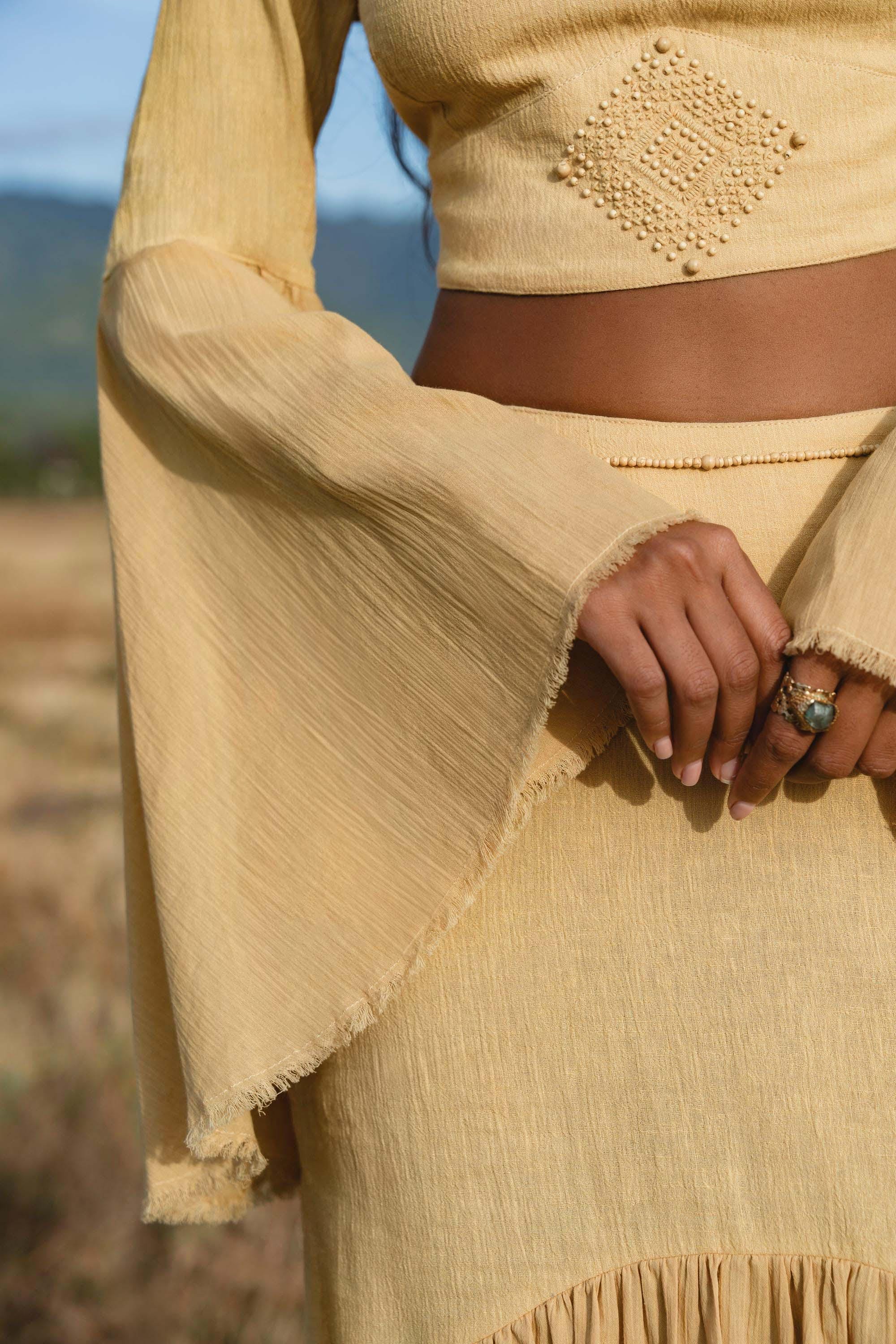 Yellow Gold Boho Linen Set, Embroidered Indian Top, Maxi Skirt, Handmade Summer Festival Outfit - AYA SW IDR