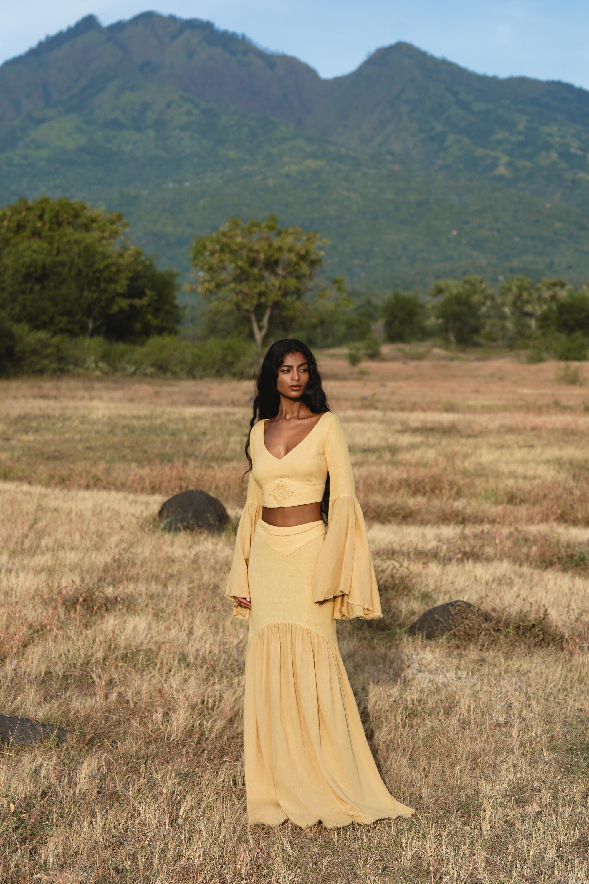 Yellow Gold Boho Linen Set, Embroidered Indian Top, Maxi Skirt, Handmade Summer Festival Outfit - AYA SW IDR