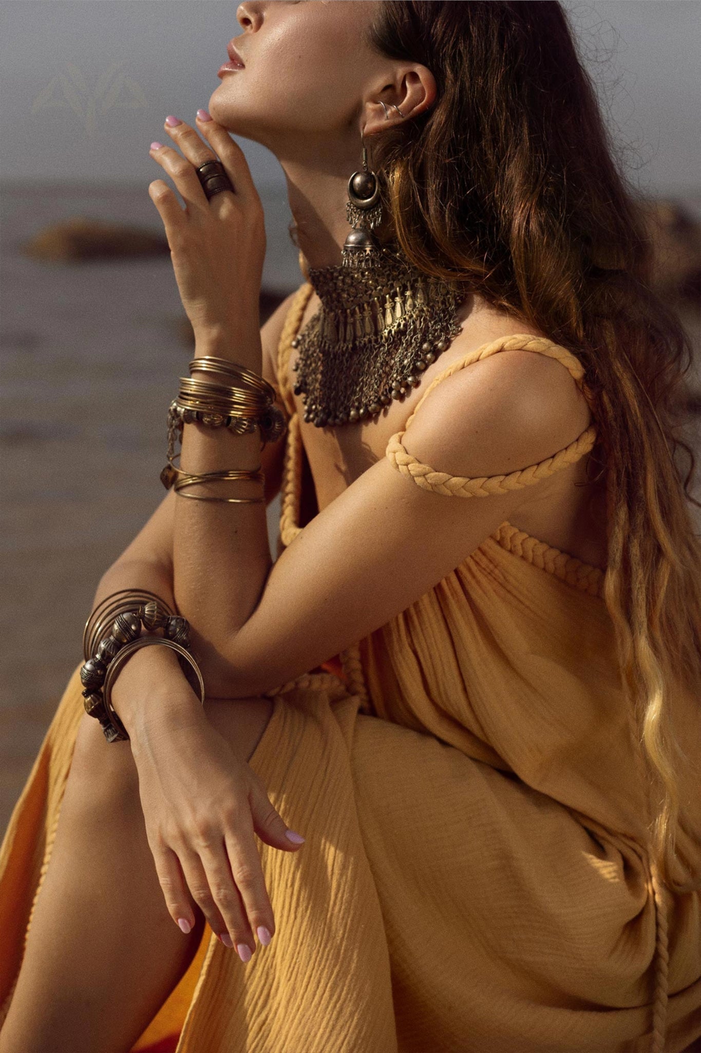 Yellow Gold Greek Goddess Prom Boho Dress - AYA SW IDR