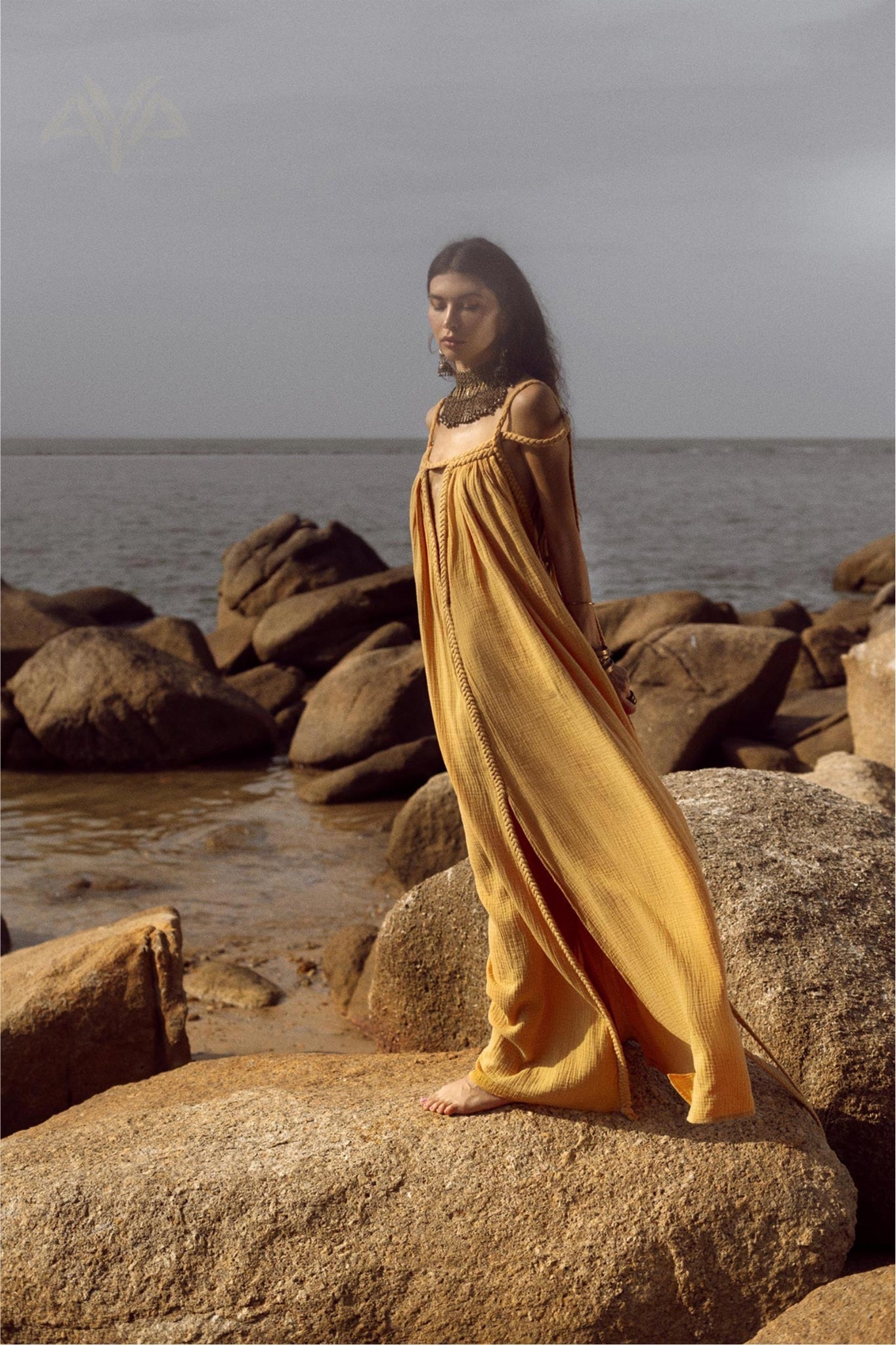 Yellow Gold Greek Goddess Prom Boho Dress - AYA SW IDR