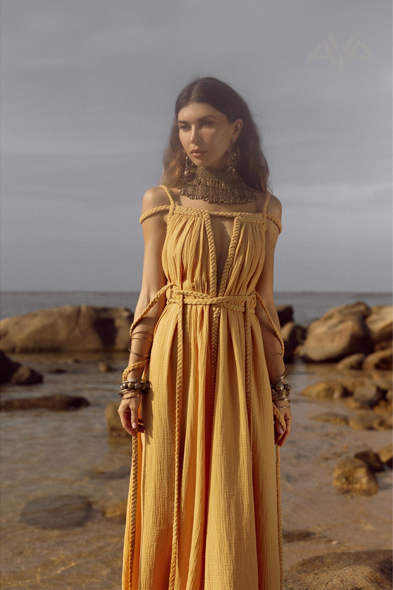 Yellow Gold Greek Goddess Prom Boho Dress - AYA SW IDR
