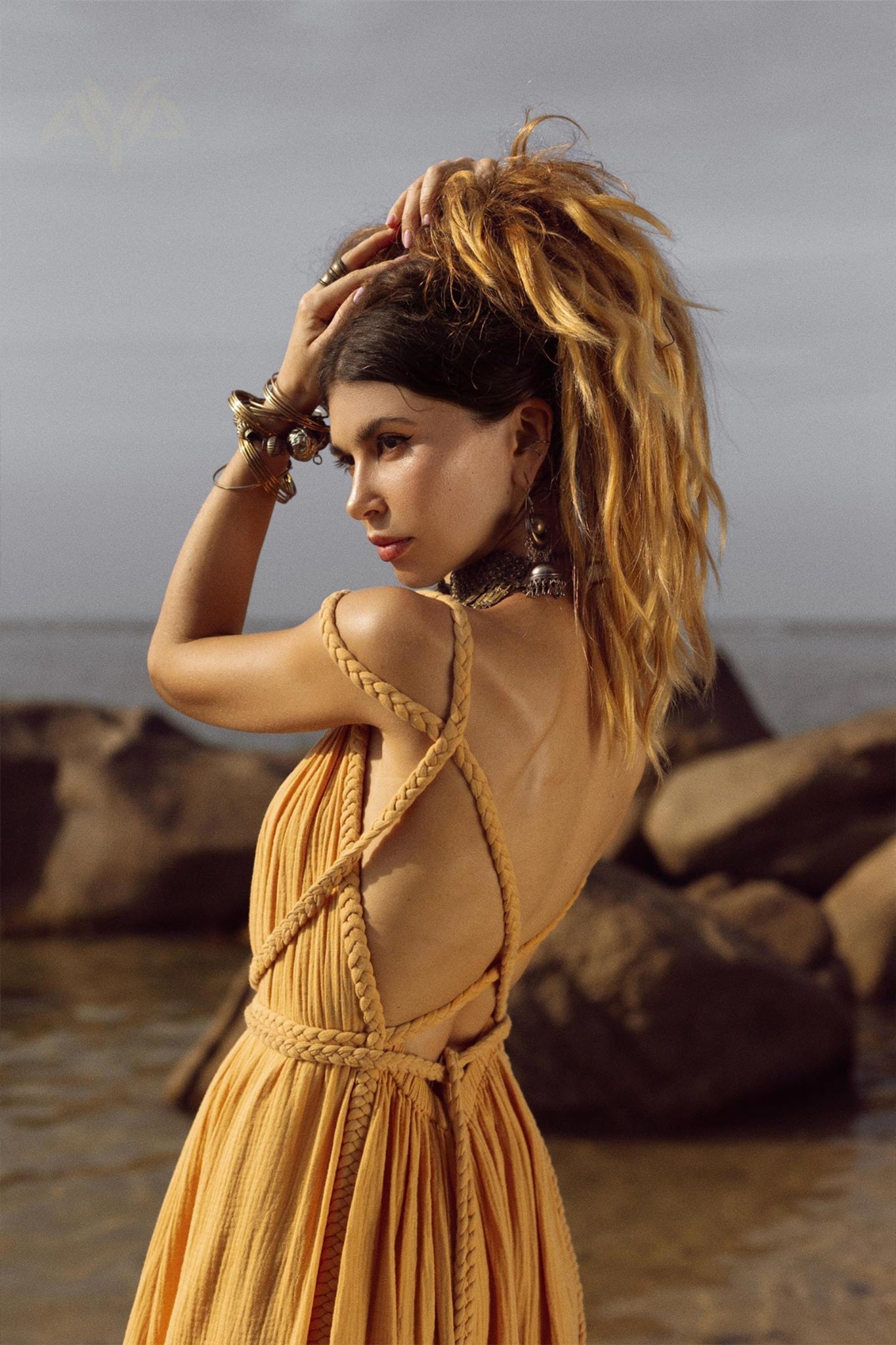 Yellow Gold Greek Goddess Prom Boho Dress - AYA SW IDR
