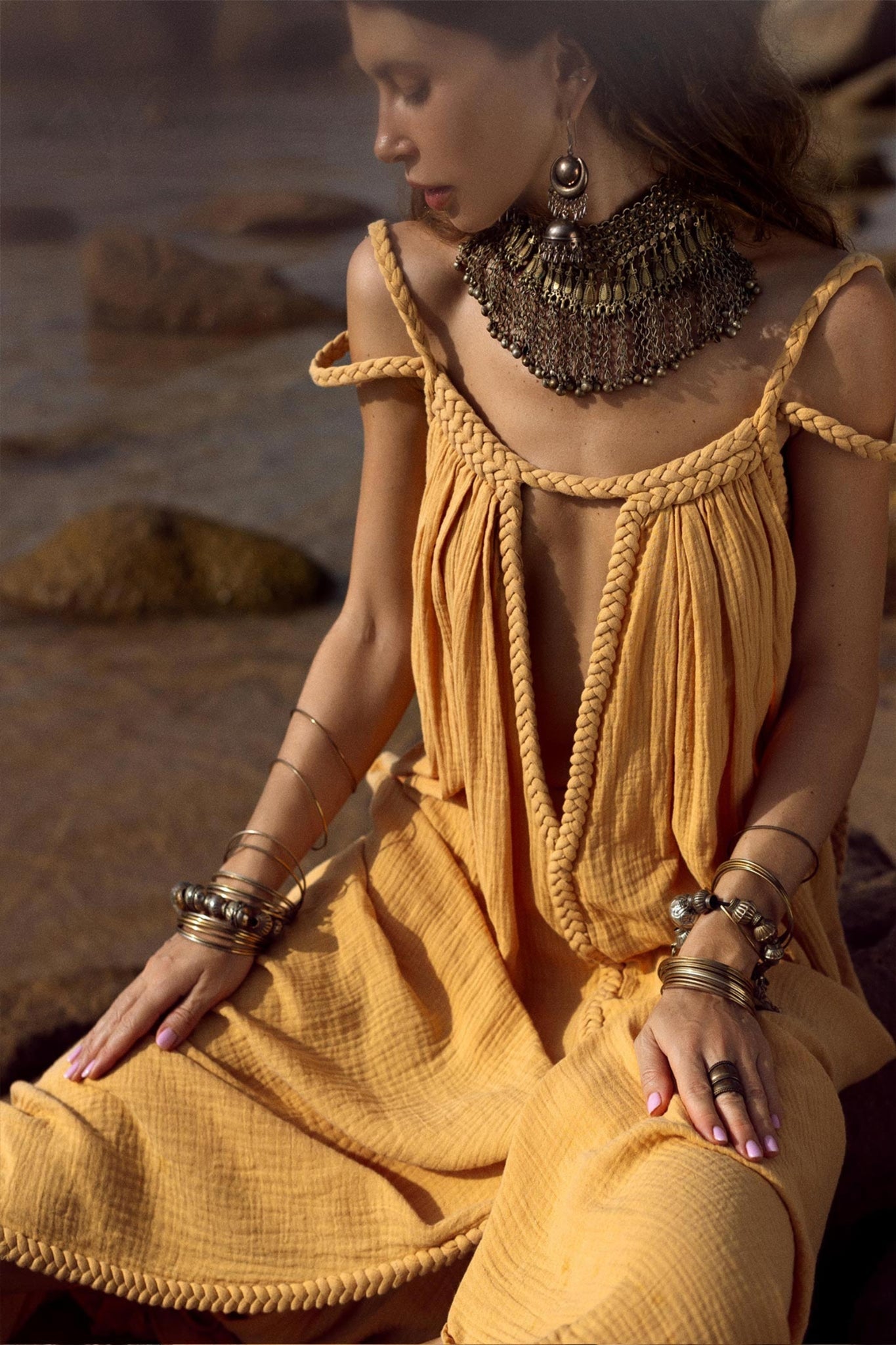 Yellow Gold Greek Goddess Prom Boho Dress - AYA SW IDR