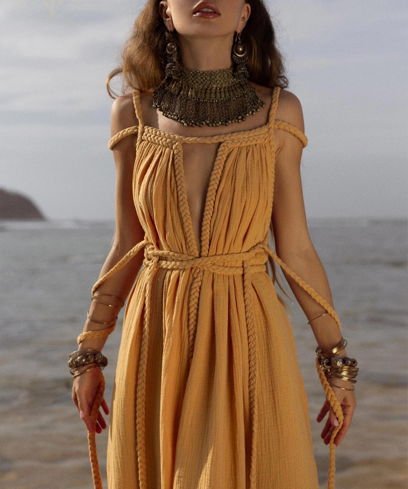 Yellow Gold Greek Goddess Prom Boho Dress - AYA SW IDR