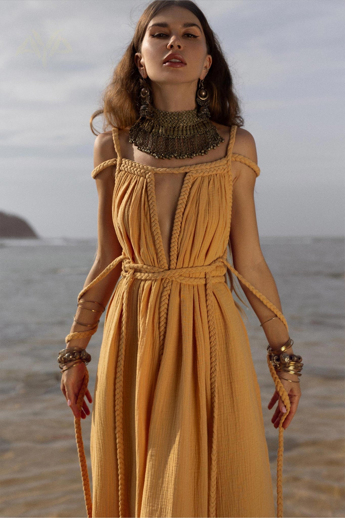 Yellow Gold Greek Goddess Prom Boho Dress - AYA SW IDR